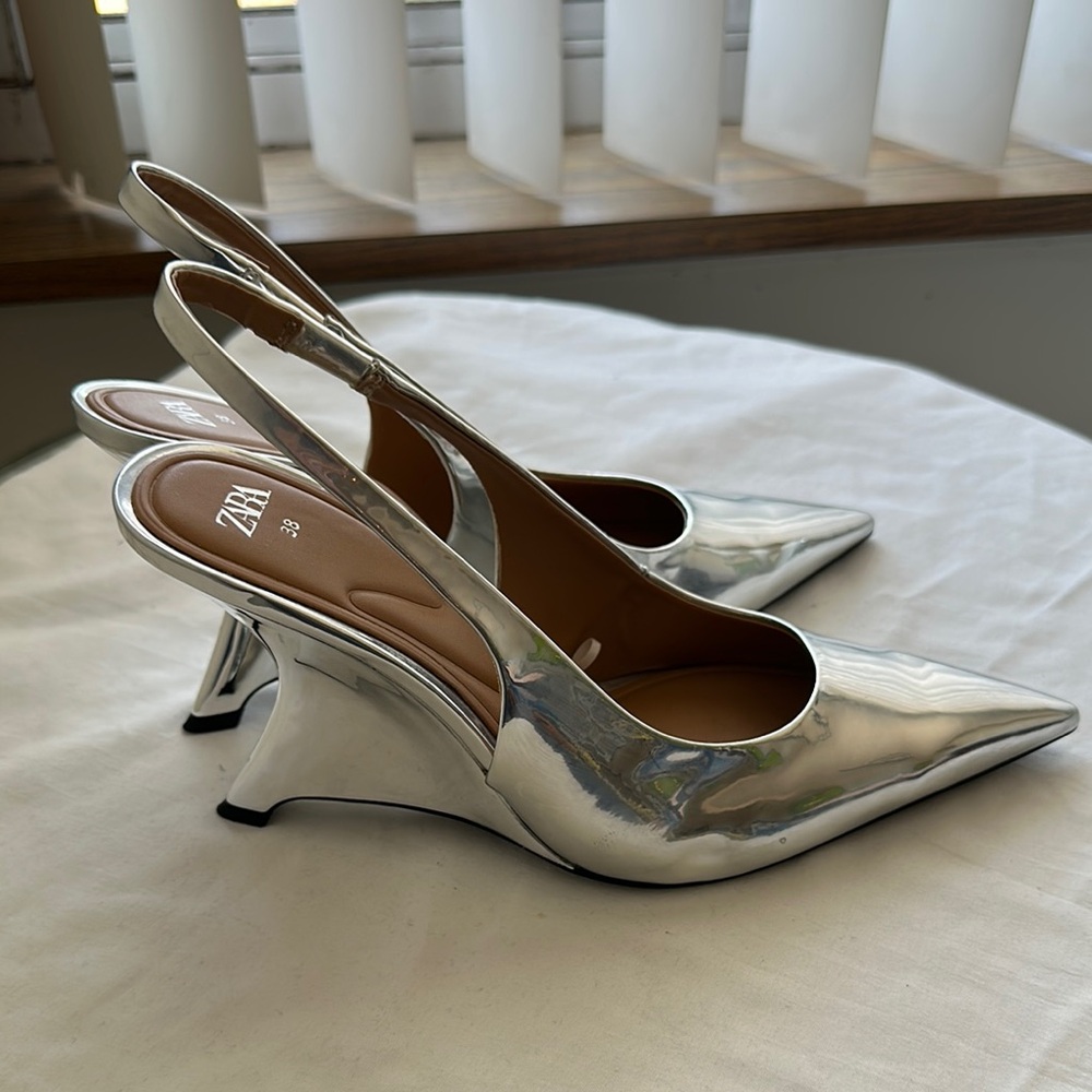 Zara Silver Slingback Wedge Heels Size 38